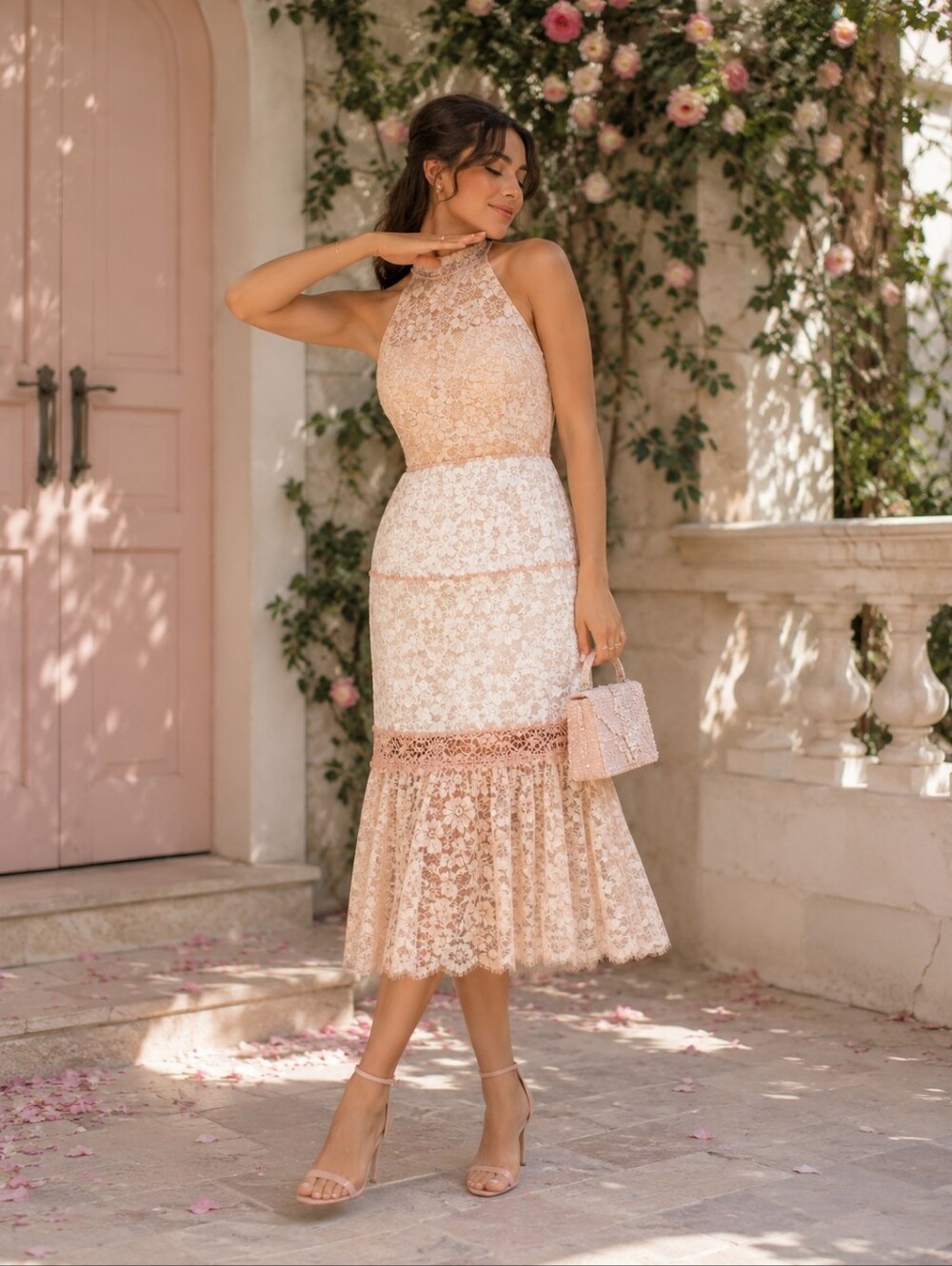 Foxiedox New Amelia Halter Mock Neck Floral Lace Midi‎ Dress Blush Combo LARGE